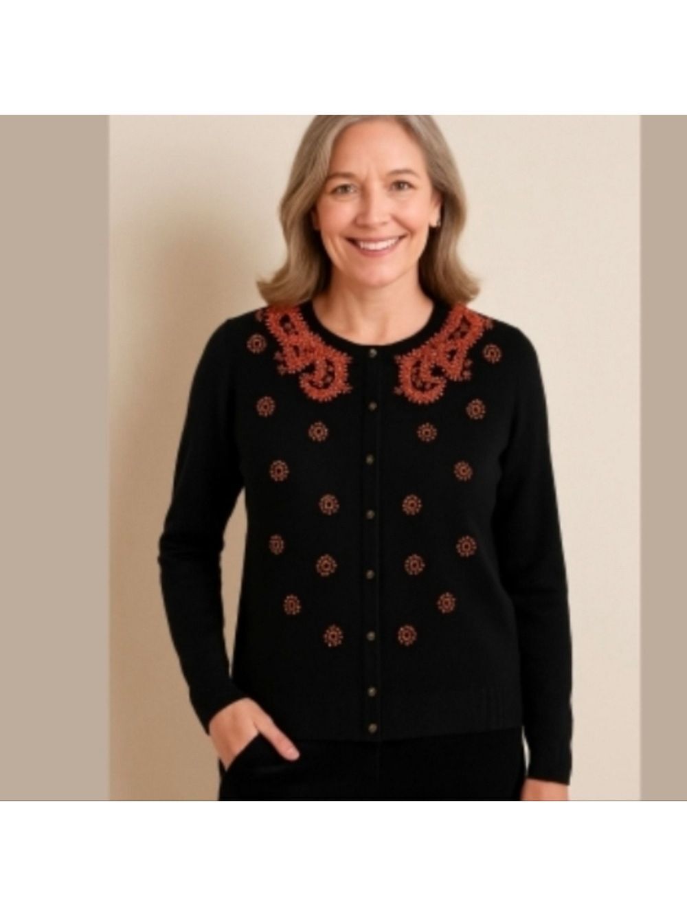 Belford Black Beaded Cardigan S Long Sleeve Saks Fifth Ave Quiet Luxury Orange